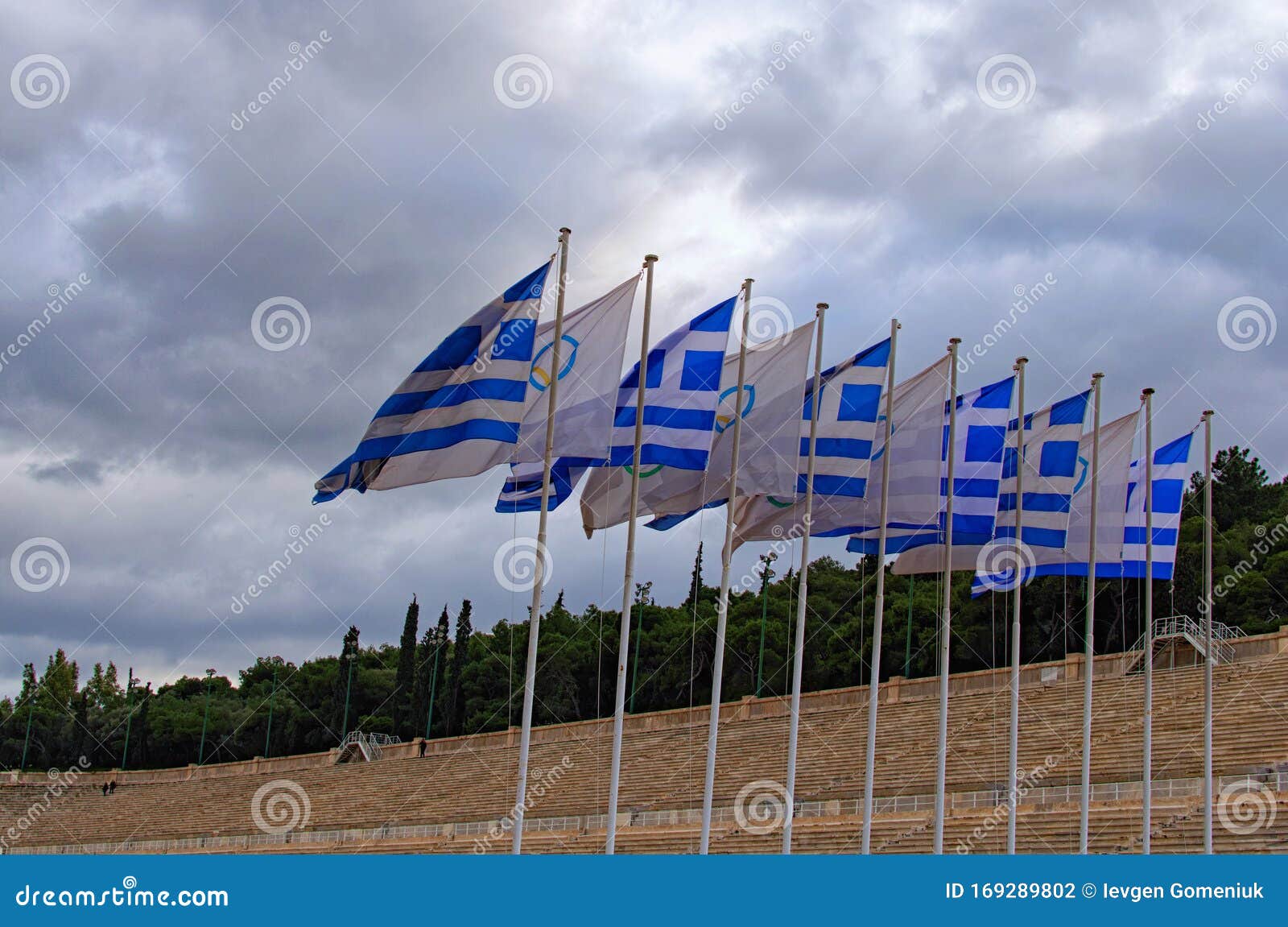 Flags of Greece and Flags of Olympic Games Wave. the Panathenaic