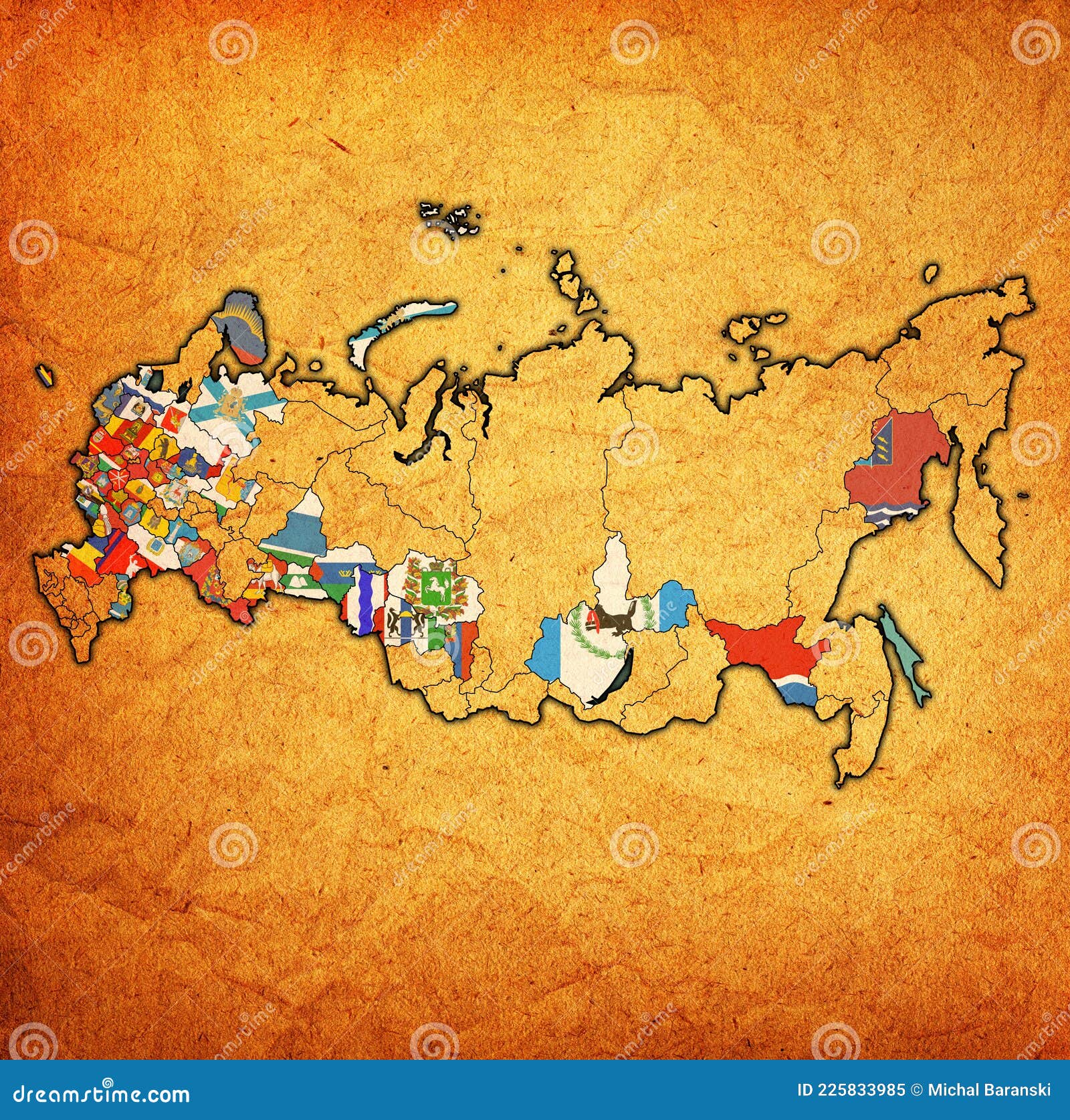 flags of oblasts on administration map of russia