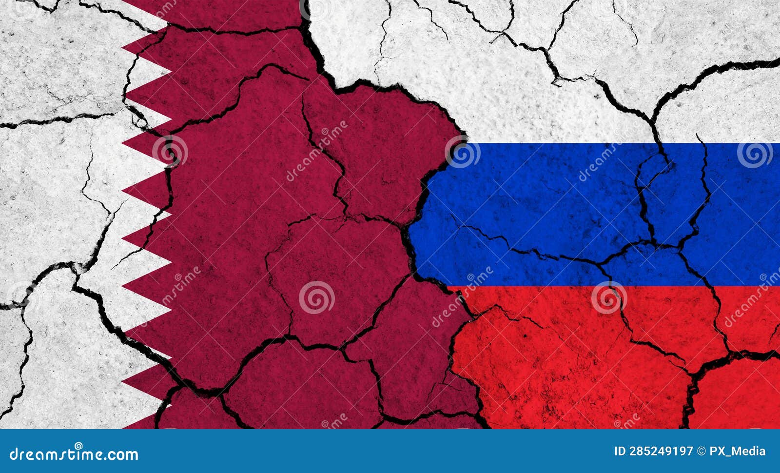 Flags of Qatar and Russia on Cracked Surface Stock Illustration