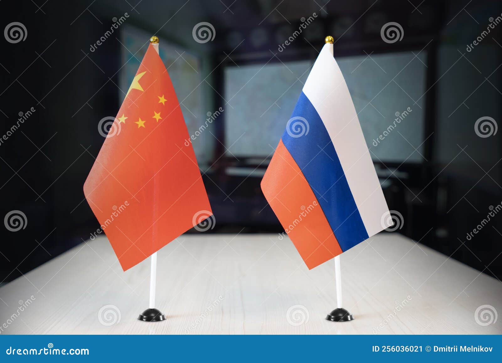 flags of russia and china international negotiations. conclusion of contracts between countries. concept of communication between