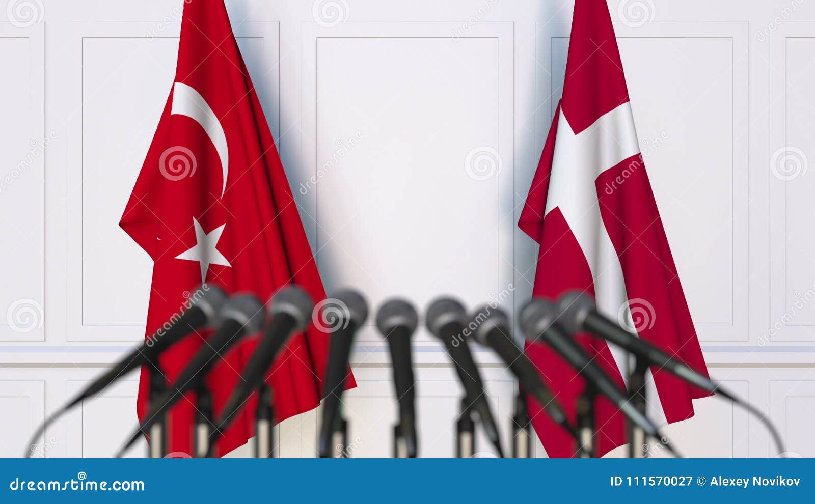 Flags of Turkey and Denmark at International Meeting or Conference. 3D