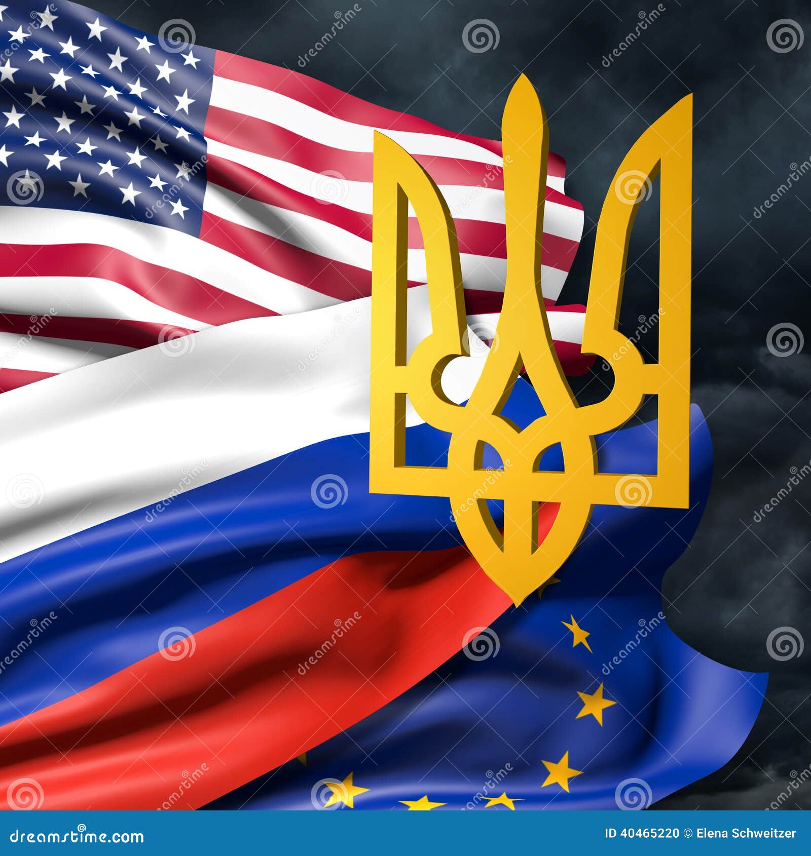 Flags of Ukraine, European Union, Russia and Ukraine. Flags of USA, the European Union, Russia and Ukraine