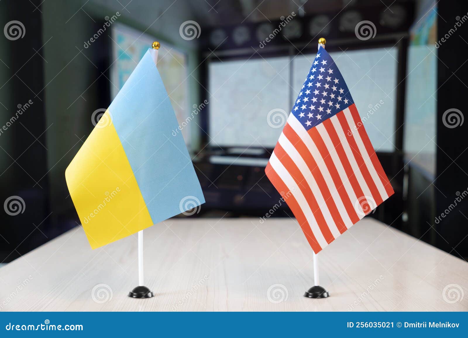 flags of united states and ukraine. international negotiations. conclusion of contracts between countries. concept of