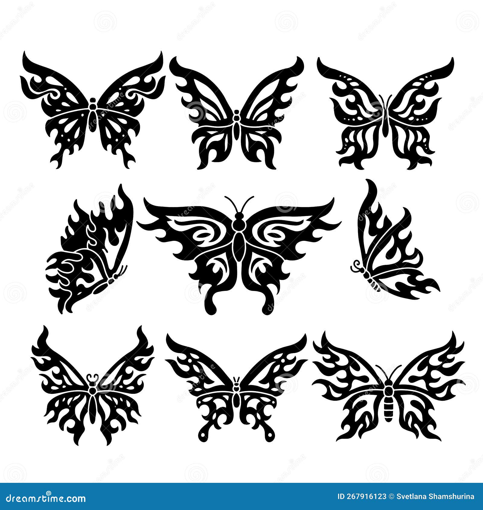 Flame Butterflies Silhouettes Set. Y2k, 90s Flutter Butterflies Tattoo ...