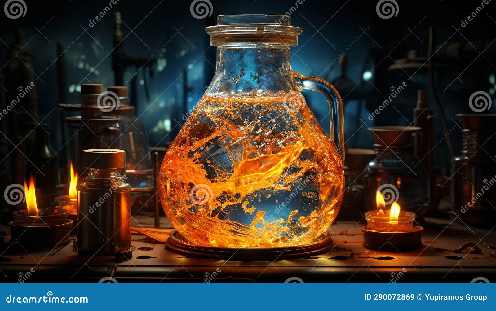 Flame Dances on Candle, Illuminating Table with Glowing Alchemy Generated by AI Stock Image
