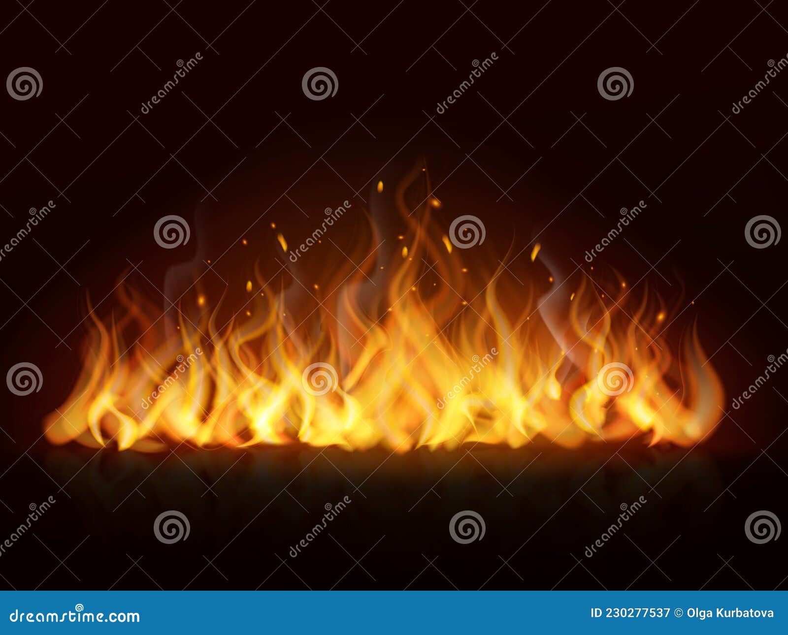 Flame Line Realistic. Hot Fireplace Flames Burning Fiery Wall Warm