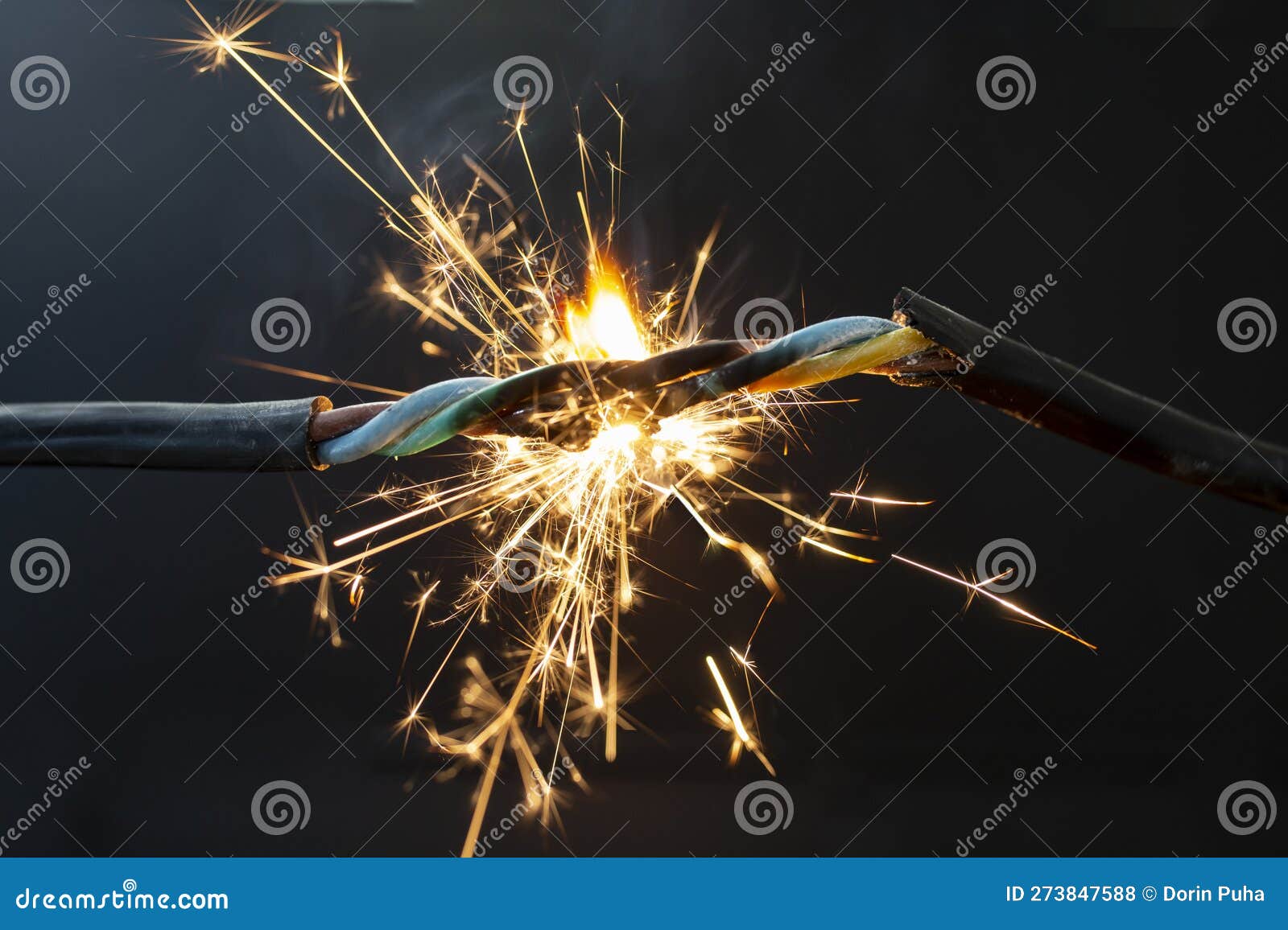 Flame Smoke and Sparks on an Electrical Cable, Fire Hazard Concept