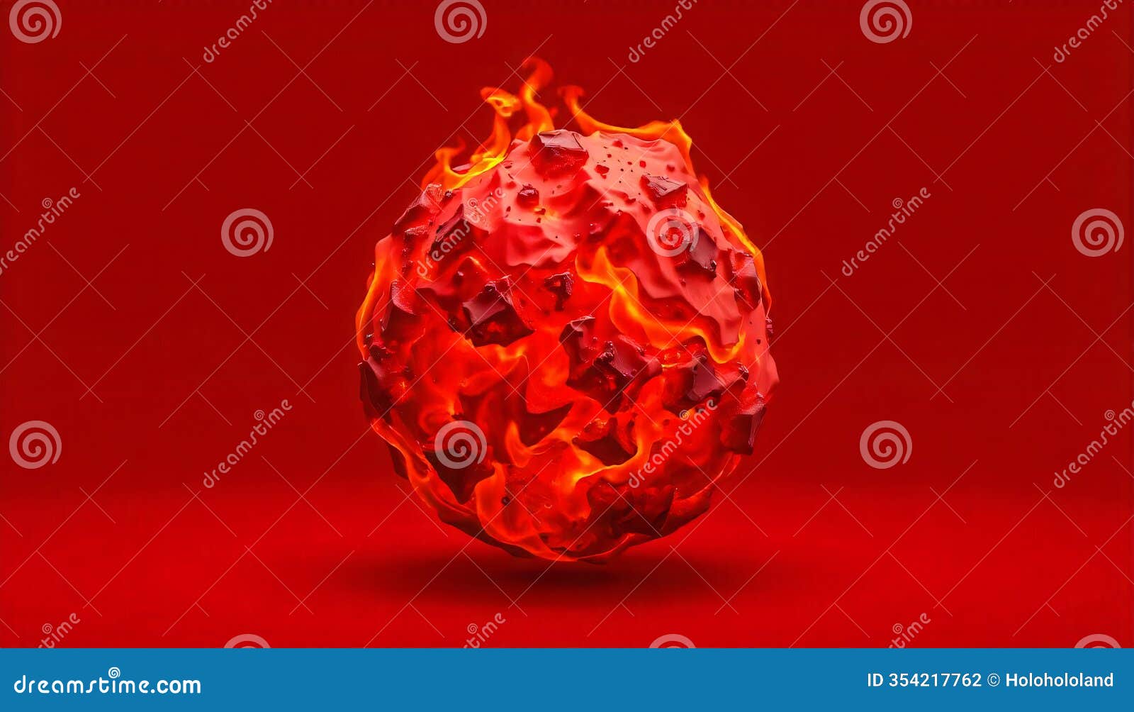 flames and lava rocks blazed into a spherical . on plain red background
