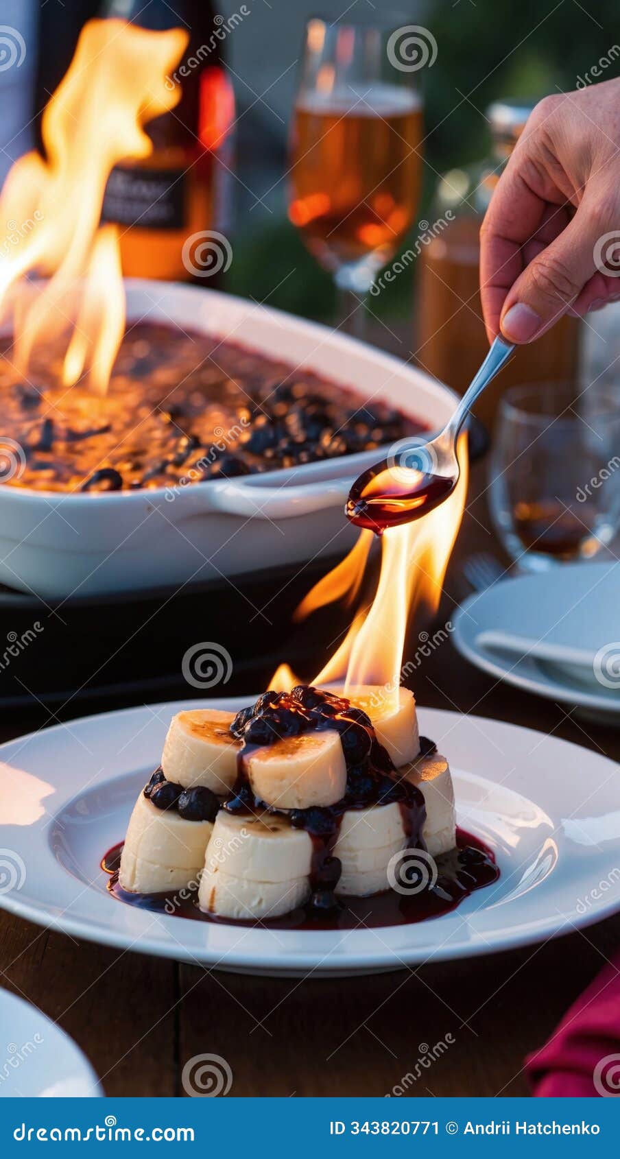 flaming bananas foster being prepared tableside