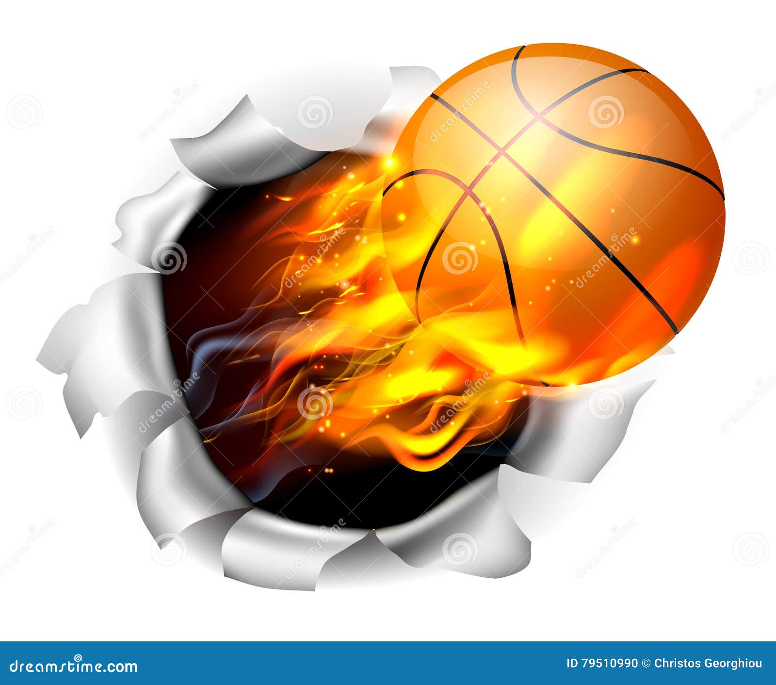 flaming basketball ball tearing a hole in the background
