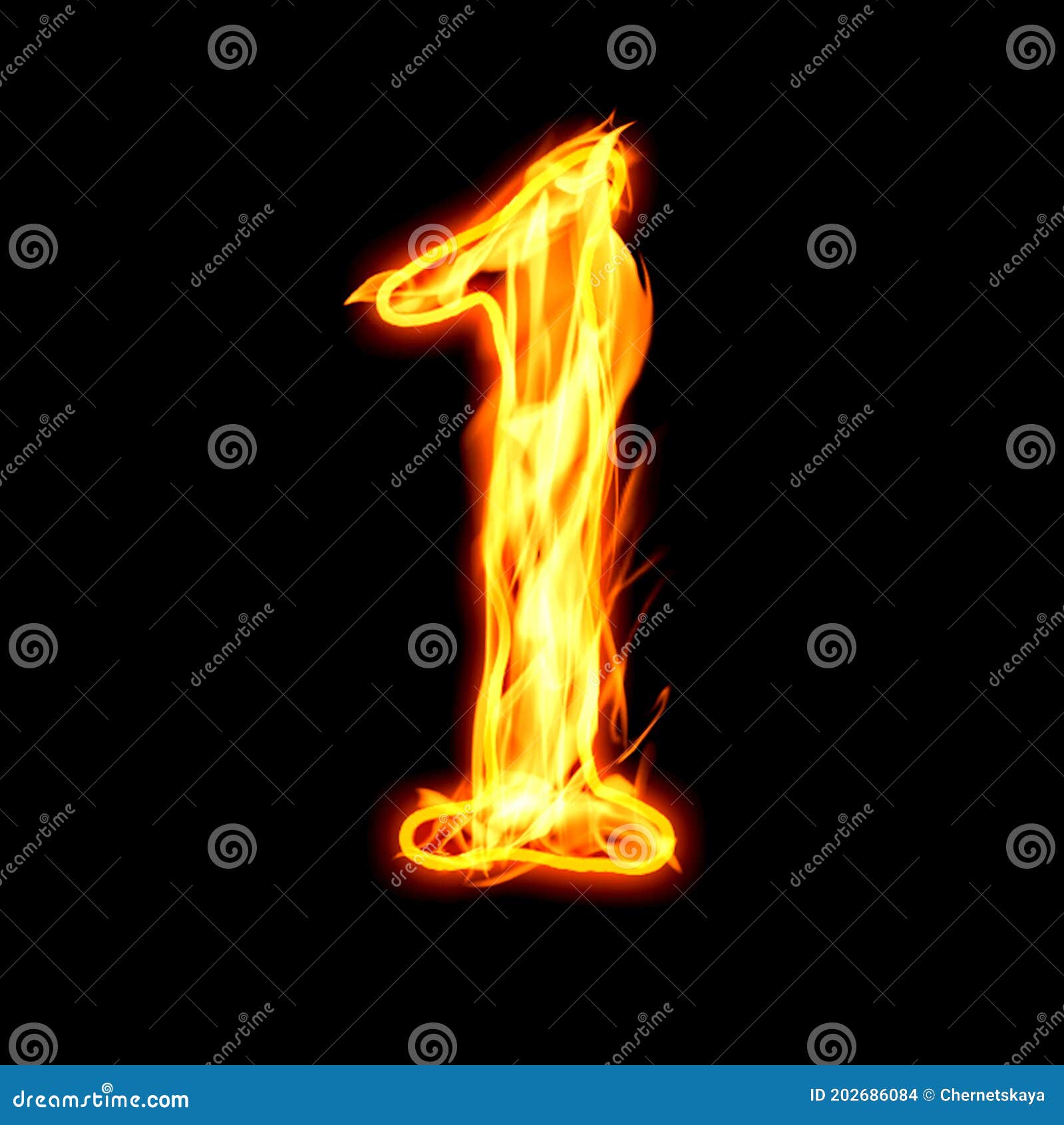 Flaming 1 on Black Background. Stylized Number Design Stock