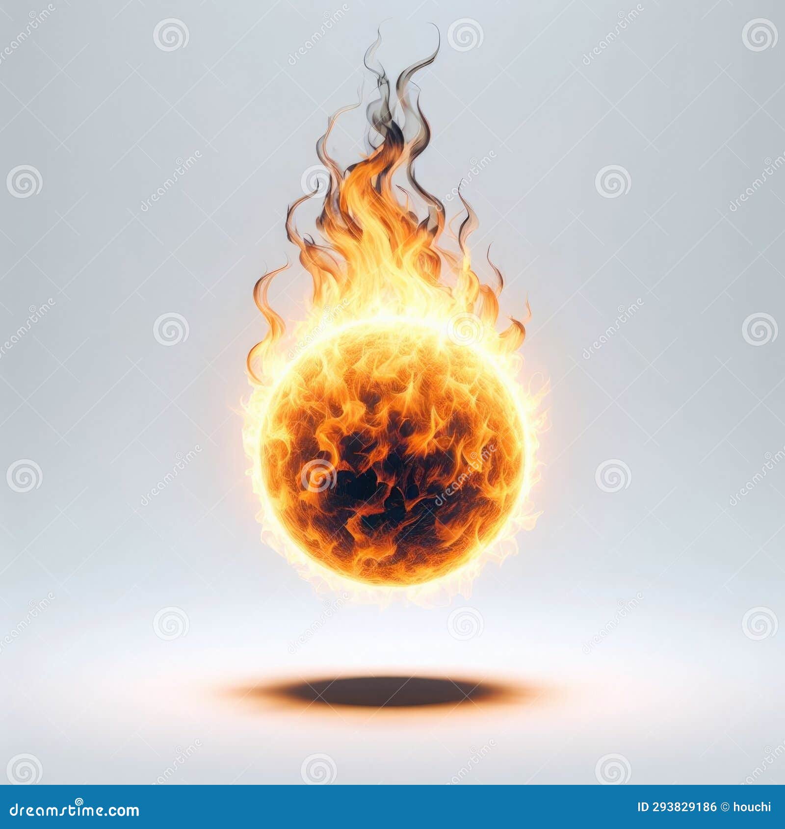 a flaming evil fire ball. ball spehere of flames. black smoke. fire trail. . white background. hot, heat. falling meteor.