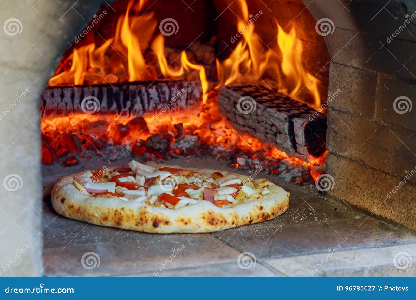 Flaming Hot Wood Fired Pizza Baking Oven Stock Image Image of fast