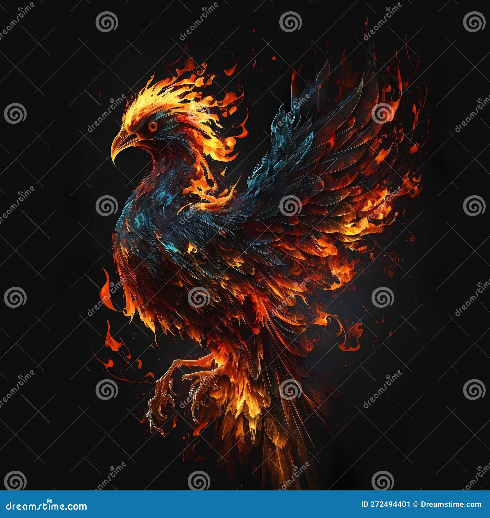 Flaming Phoenix Bird With Wide Spread Wings In The Orange Fire Colors