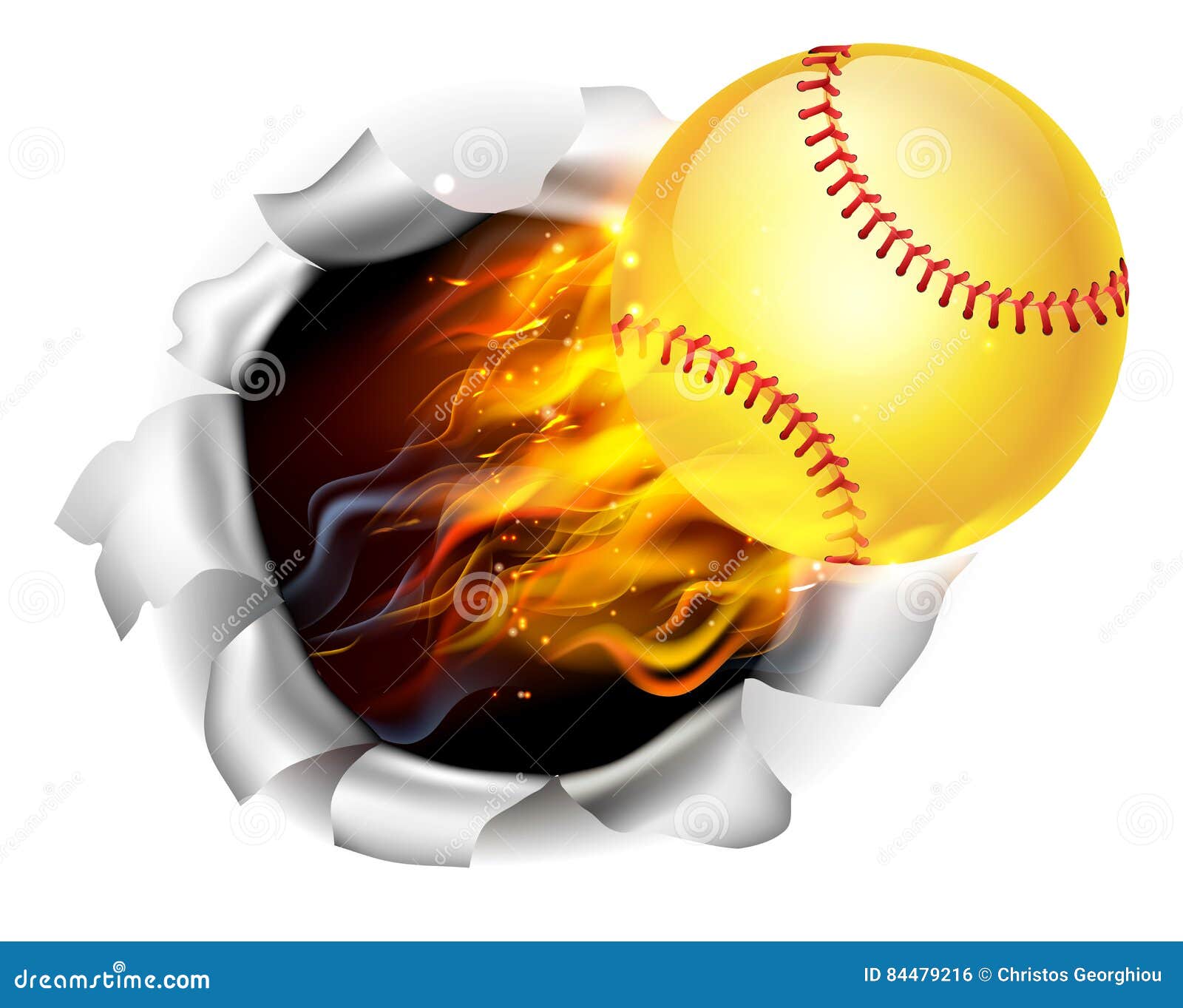 flaming softball ball tearing a hole in the background