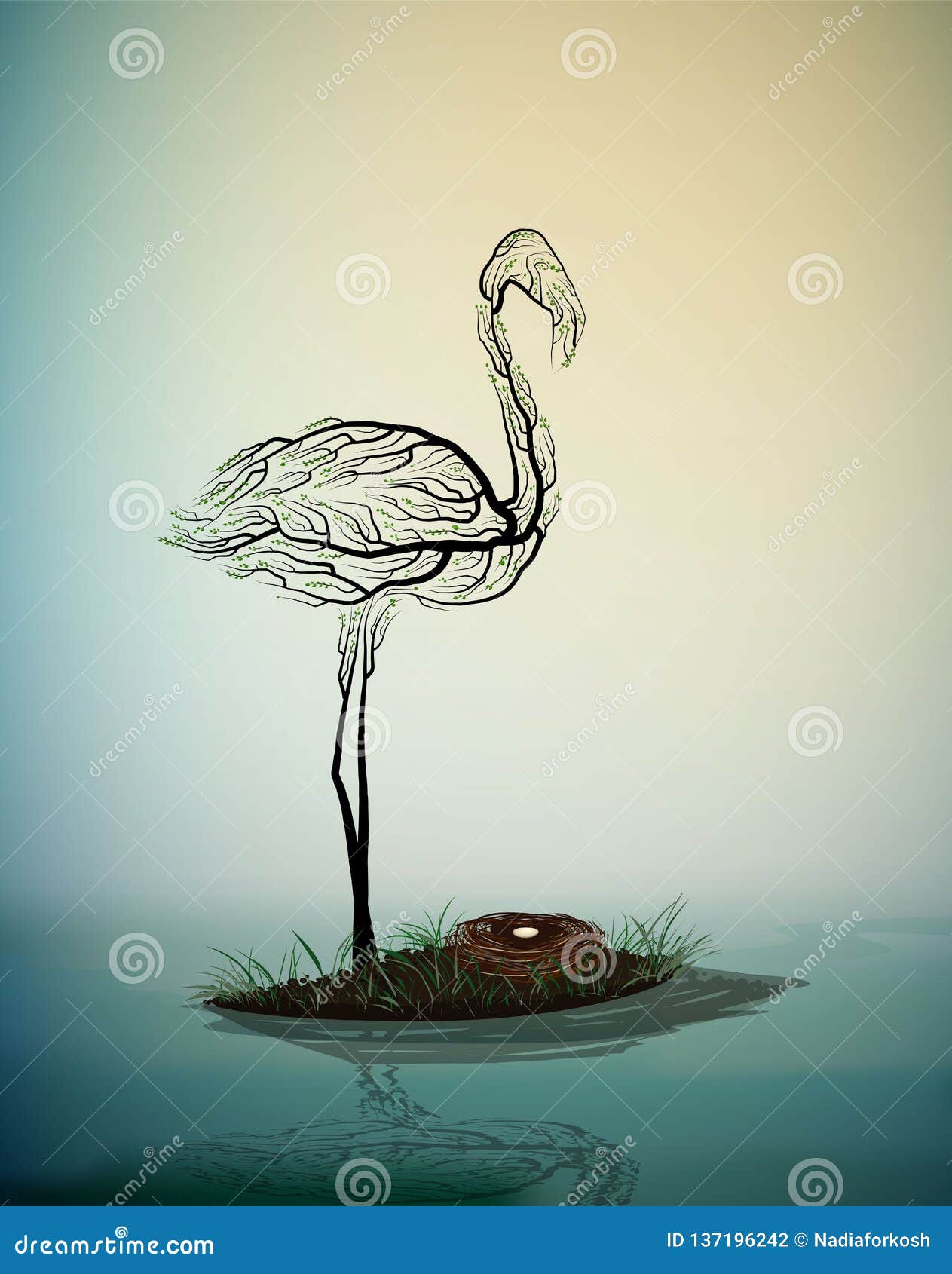 flamingo bird look like tree branches with the nest, birds extinction concept,