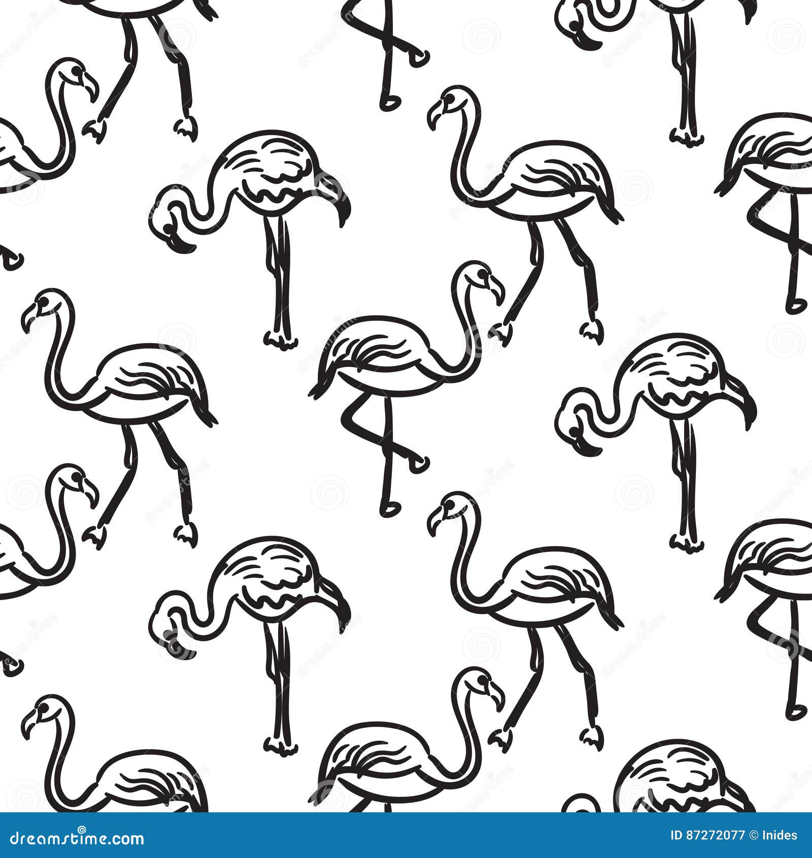 Flamingo black outline sketch seamless vector texture. Black and white aloha bird hand drawn surface pattern.