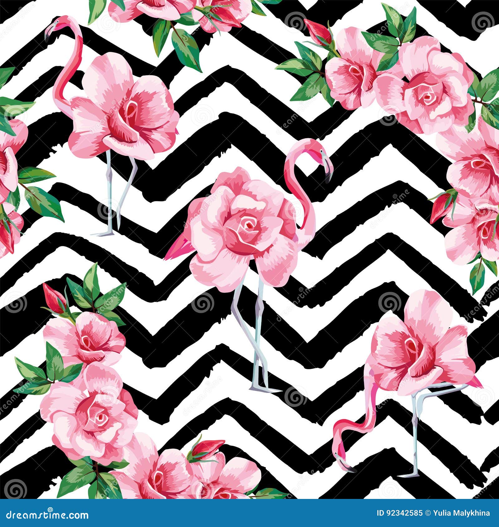  Flamingo  Roses Seamless Pattern Black  White Zigzag 