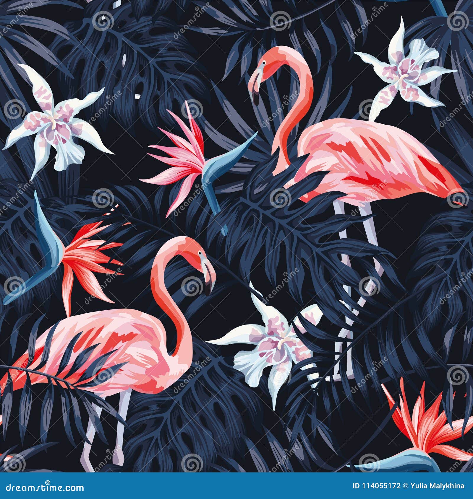 flamingo strelitzia palm leaves dark background pattern