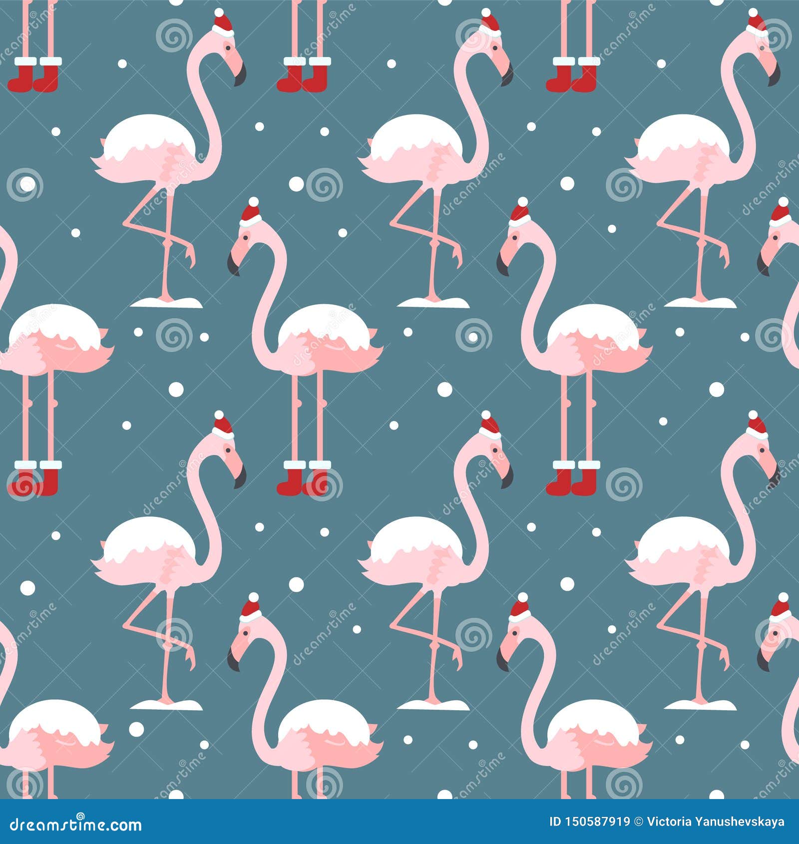 Flamingo In Christmas Hat Seamless Pattern On Blue Background