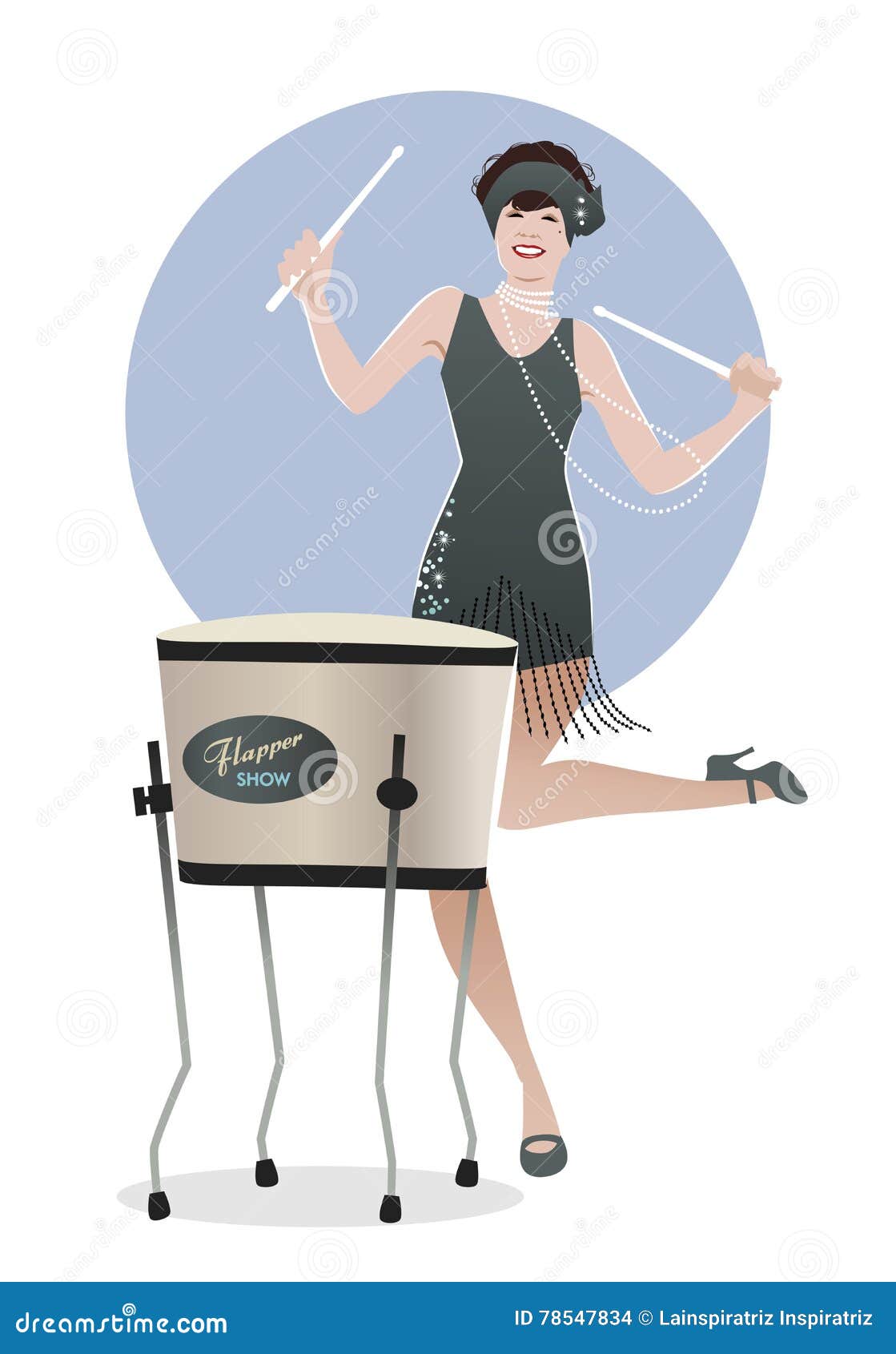Flapper Girl Dressed in 1920s Clothes, Playing Drum Stock Illustration