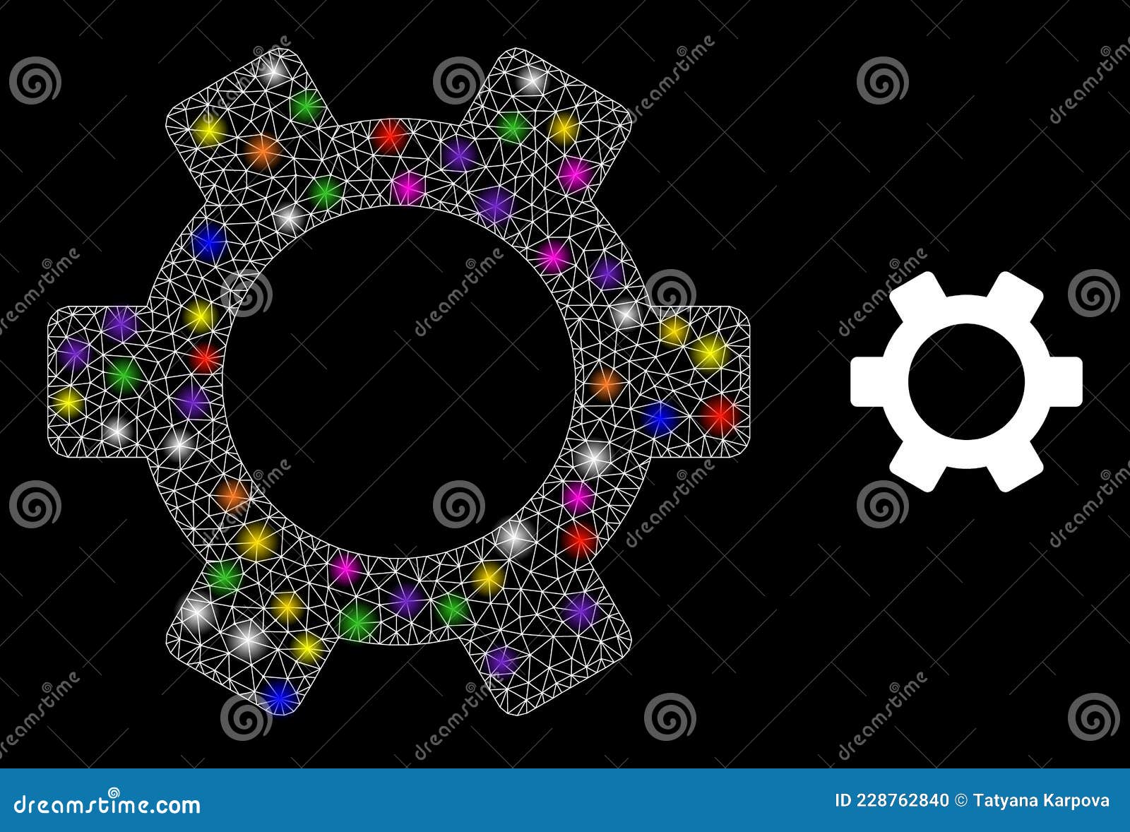 Bright Network Gear Icon with Constellation Color Light Spots Stock