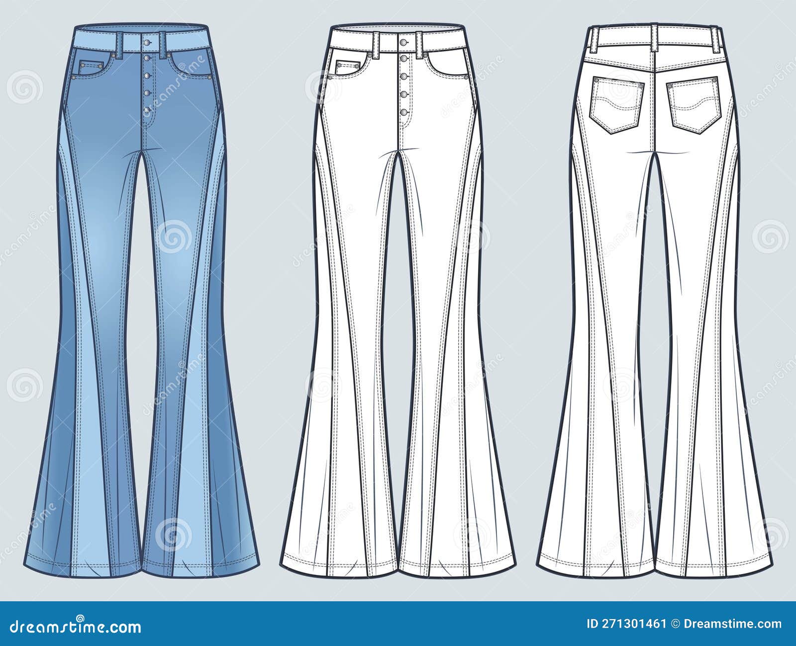 Flared Jeans Pants Technical Fashion Illustration Blue Design Denim Flared Jeans Pants Technical Fashion Illustration Blue Design Denim