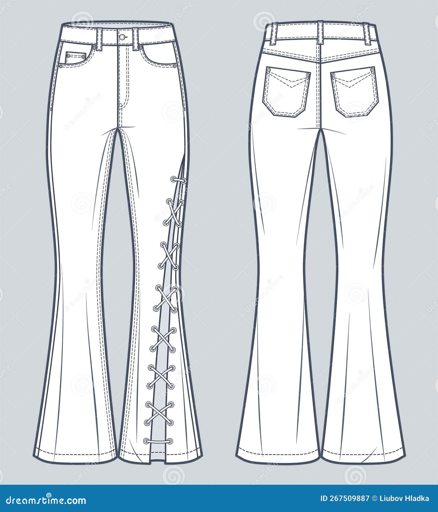 Flared Jeans Pants Technical Fashion Illustration, Blue Design. Denim Flared Jeans Pants Technical Fashion Illustration, Blue Design. Denim