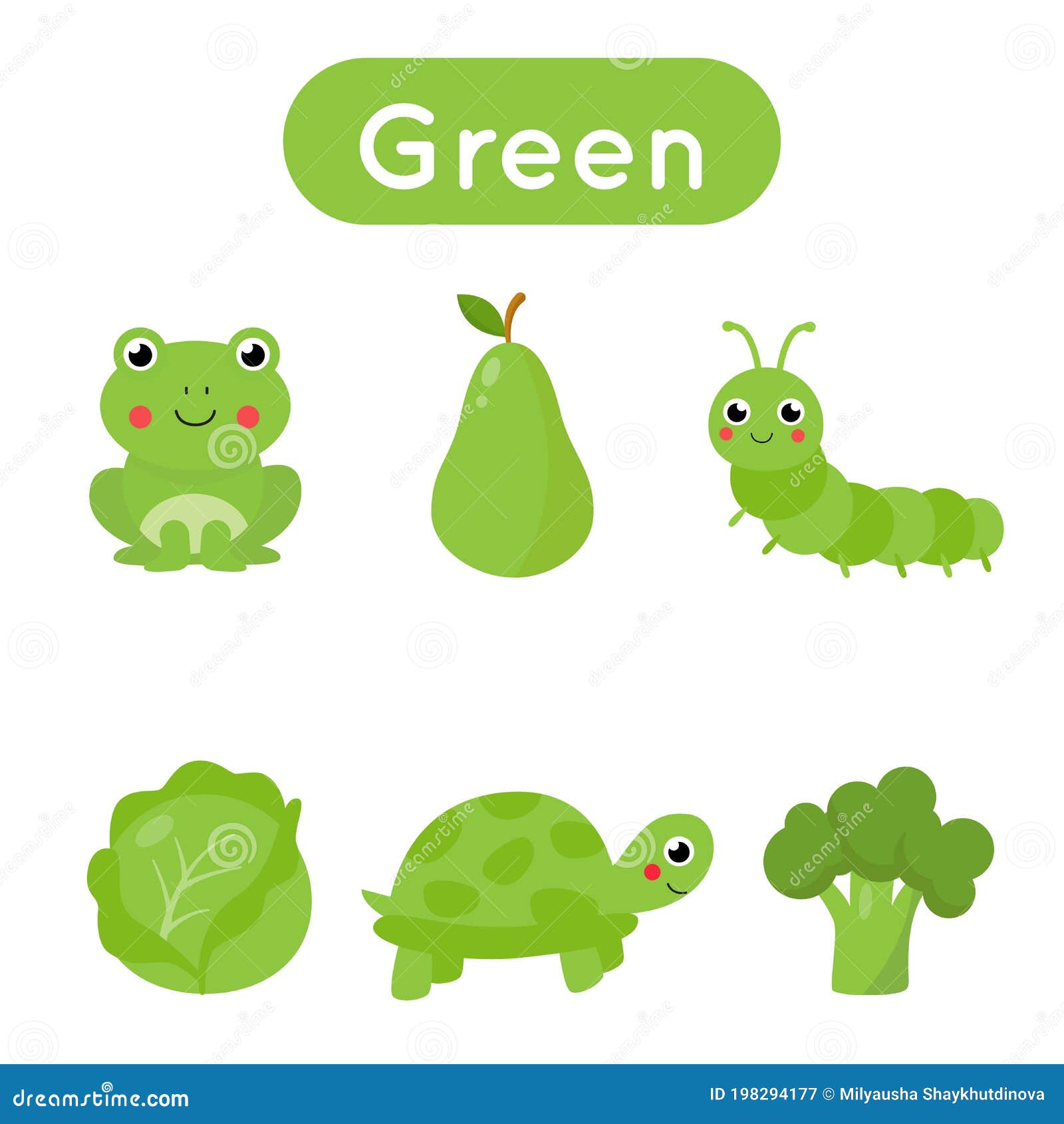 Flash Cards with Objects in Green Color. Educational Printable Worksheet.  Stock Vector - Illustration of collection, caterpillar: 198294177