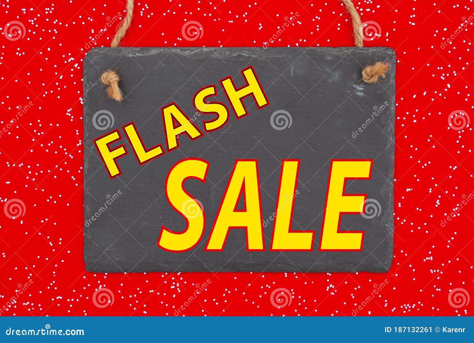 flash sale type message in a hanging blank chalkboard sign