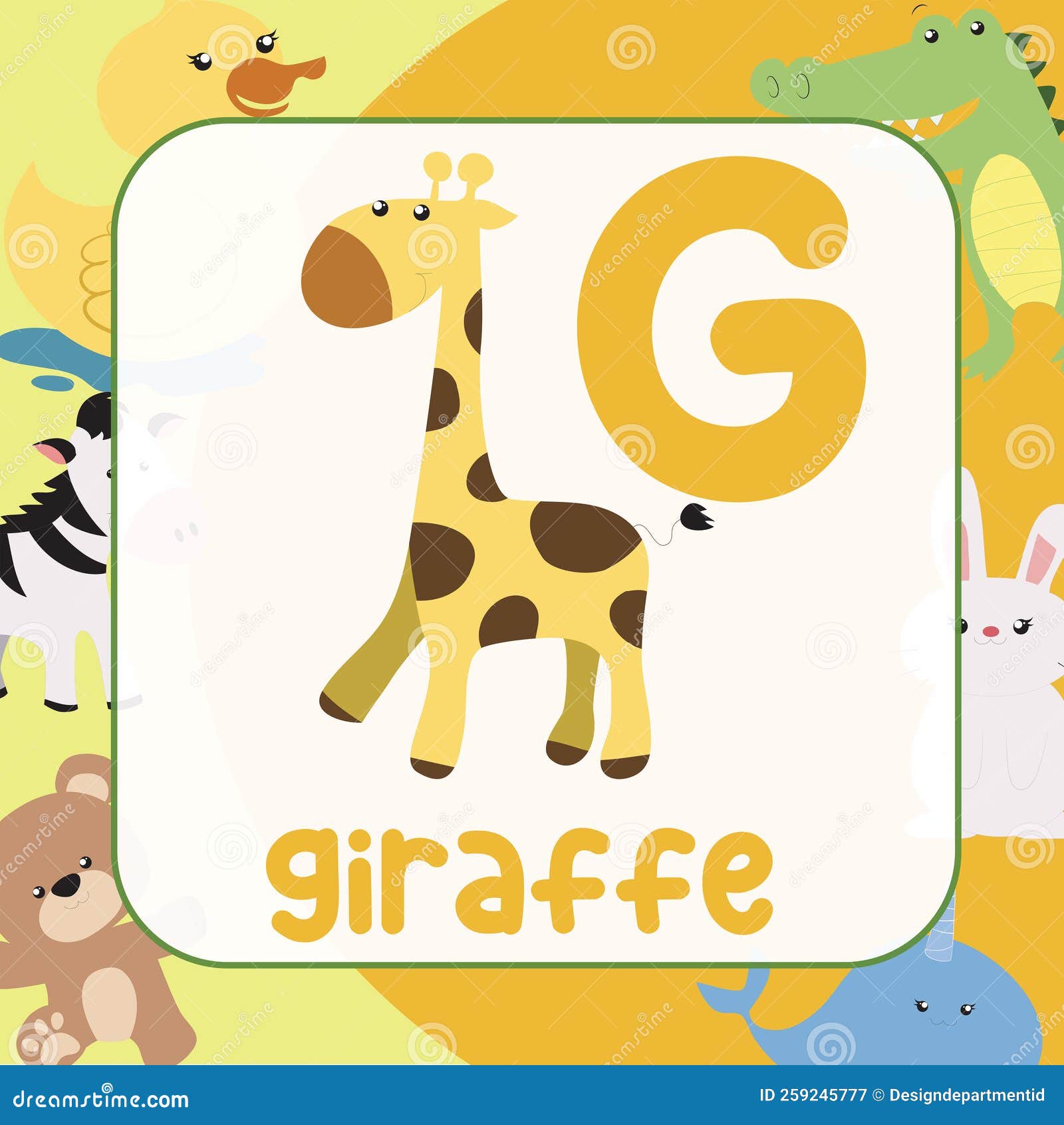 Animals Alphabet Flashcard for Toddlers. Cute Animal Vector Design. G ...