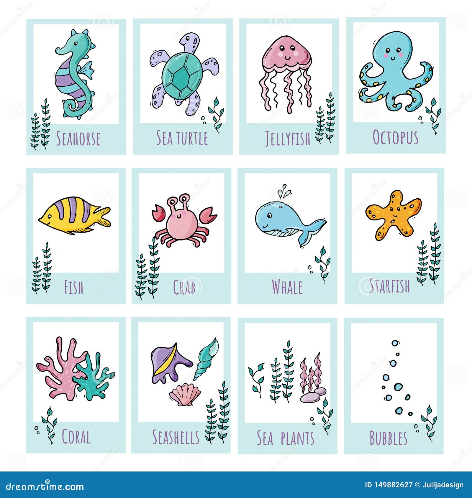 Flashcards Educativi Svegli Di Vita Di Mare Dei Bambini Con Le Creature Del  Mare Illustrazione Vettoriale - Illustrazione di alimento, illustrazione:  149882627