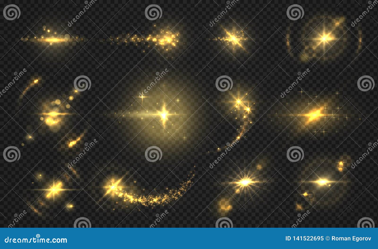 flashes lights and sparks. golden glitter effect, shiny transparent particles and rays, abstract flare effects. 