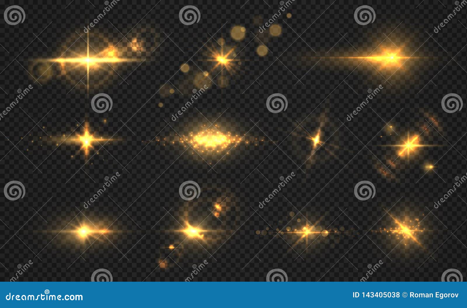 flashes lights and sparks. realistic golden shiny flare, transparent sun light effects, particles and star burst. 