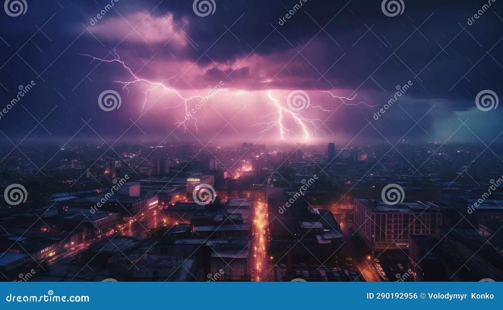 Flashing Lights in a Rainy City Night with Striking Lightning