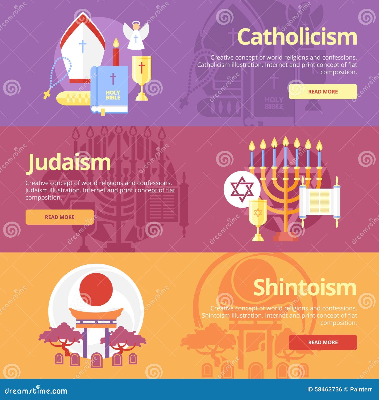 flat banner  for catholicism, judaism, shintoism. religion  for web banners and print materials.
