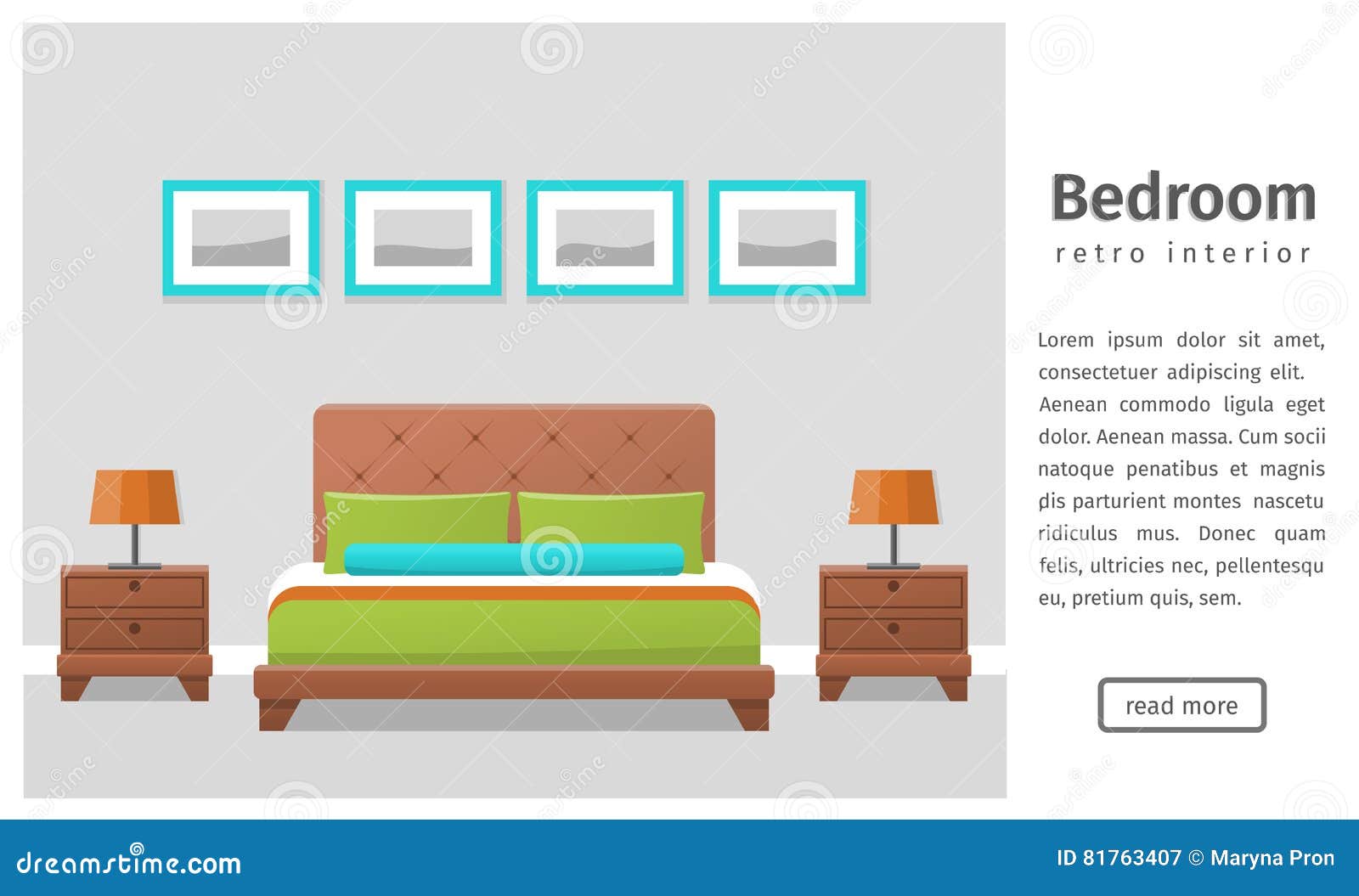 Flat Bedroom  Design  In Retro Colors Vector Background 