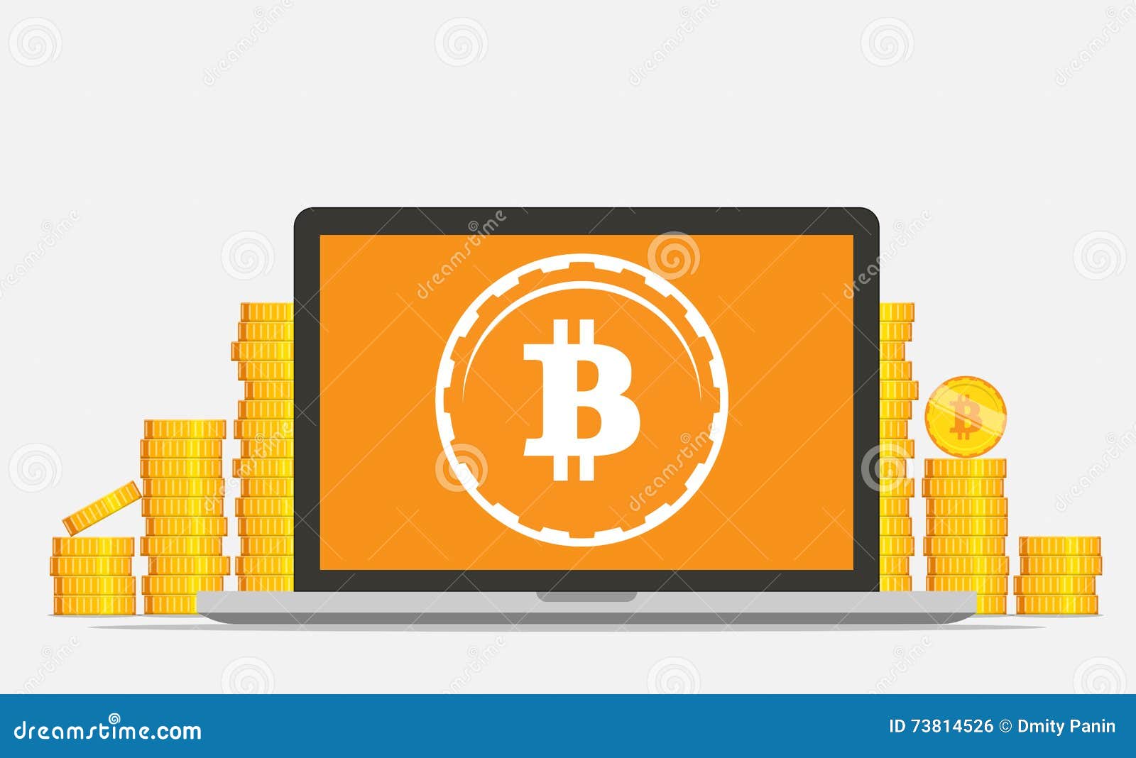 Flat Bitcoin Mining Equipment Golden Coin In Computer Concept - 