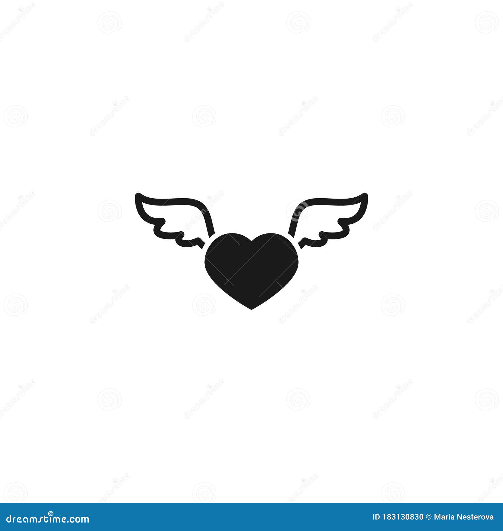 Flat Black Heart with Wings Isolated on White Background. Love ...