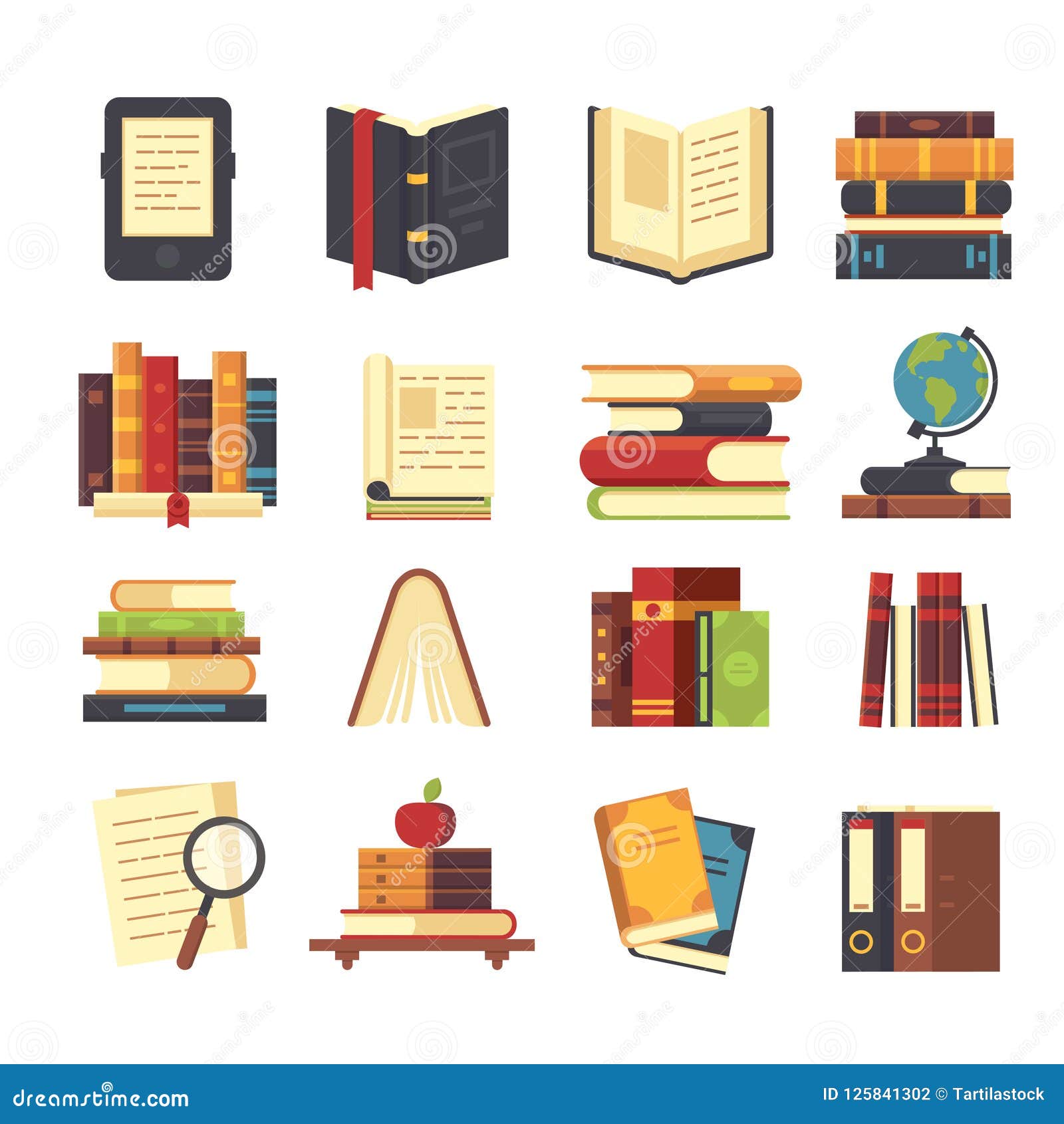 flat book icons. library books, open dictionary and encyclopedia on stand. pile of magazines, ebook and novel booklet