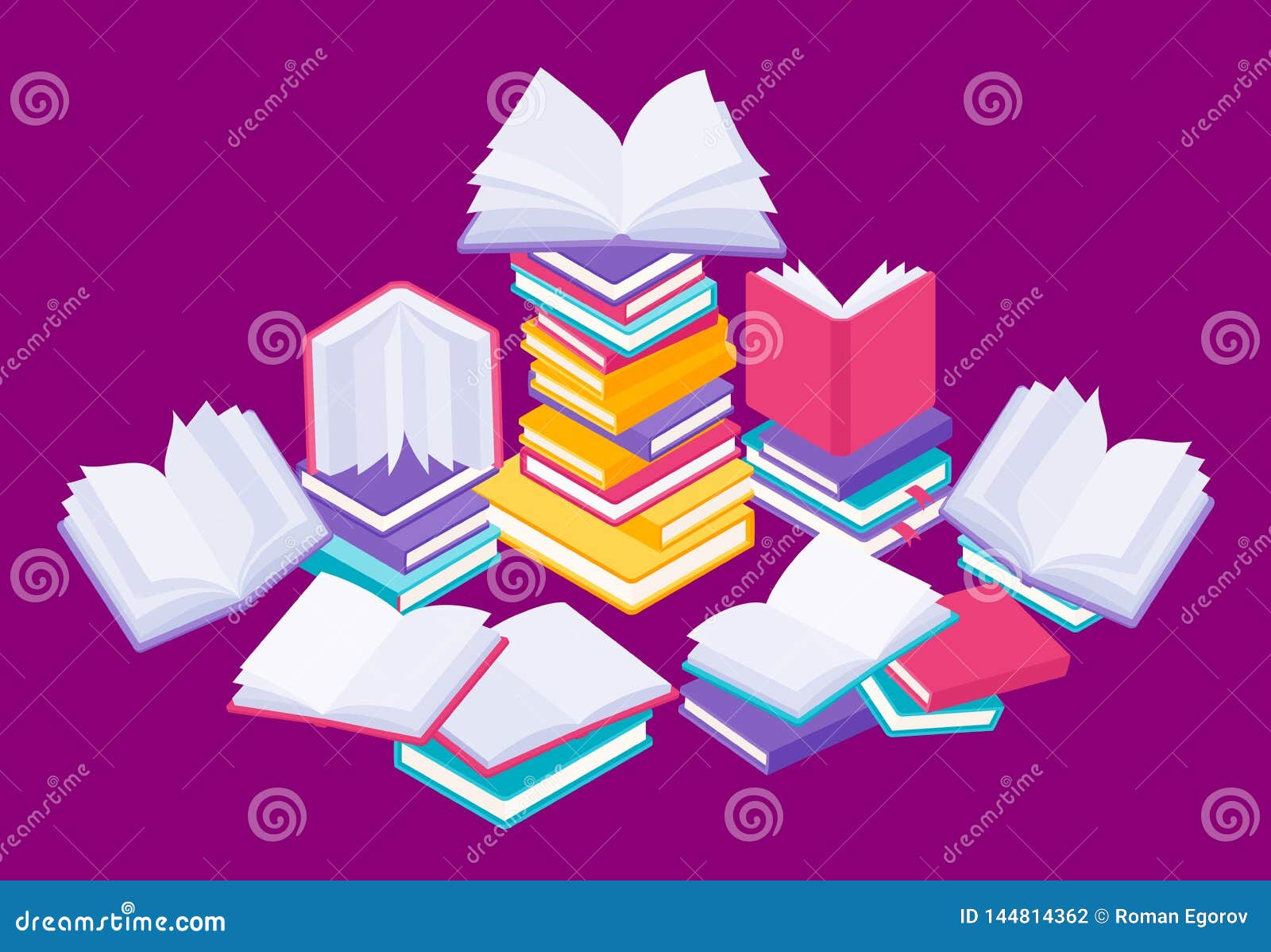 flat books concept. study reading and education  with stack of open close and flying books.  knowledge