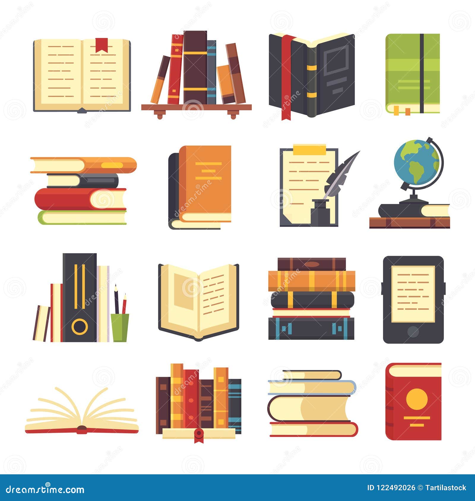 flat books icons. magazines with bookmark, history and open science book stack. encyclopedia on library shelves 