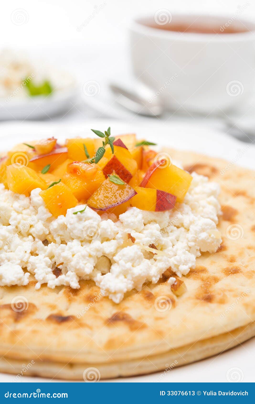 Flat Bread with Cottage Cheese, Honey, Nuts, Fresh Peaches Stock Image Image of black, cottage