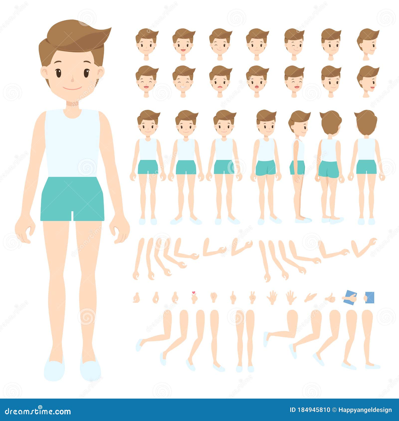 Flat Cartoon Boy with Parts of Body, Face Expression, Arm, Leg, and ...