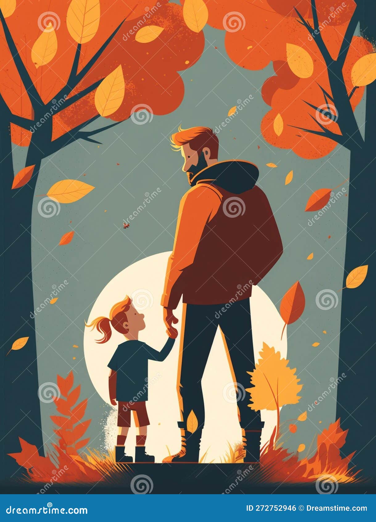 flat cartoon dad and girl  in fall colors for fathers day, national daughter day or world childrens day. generative ai