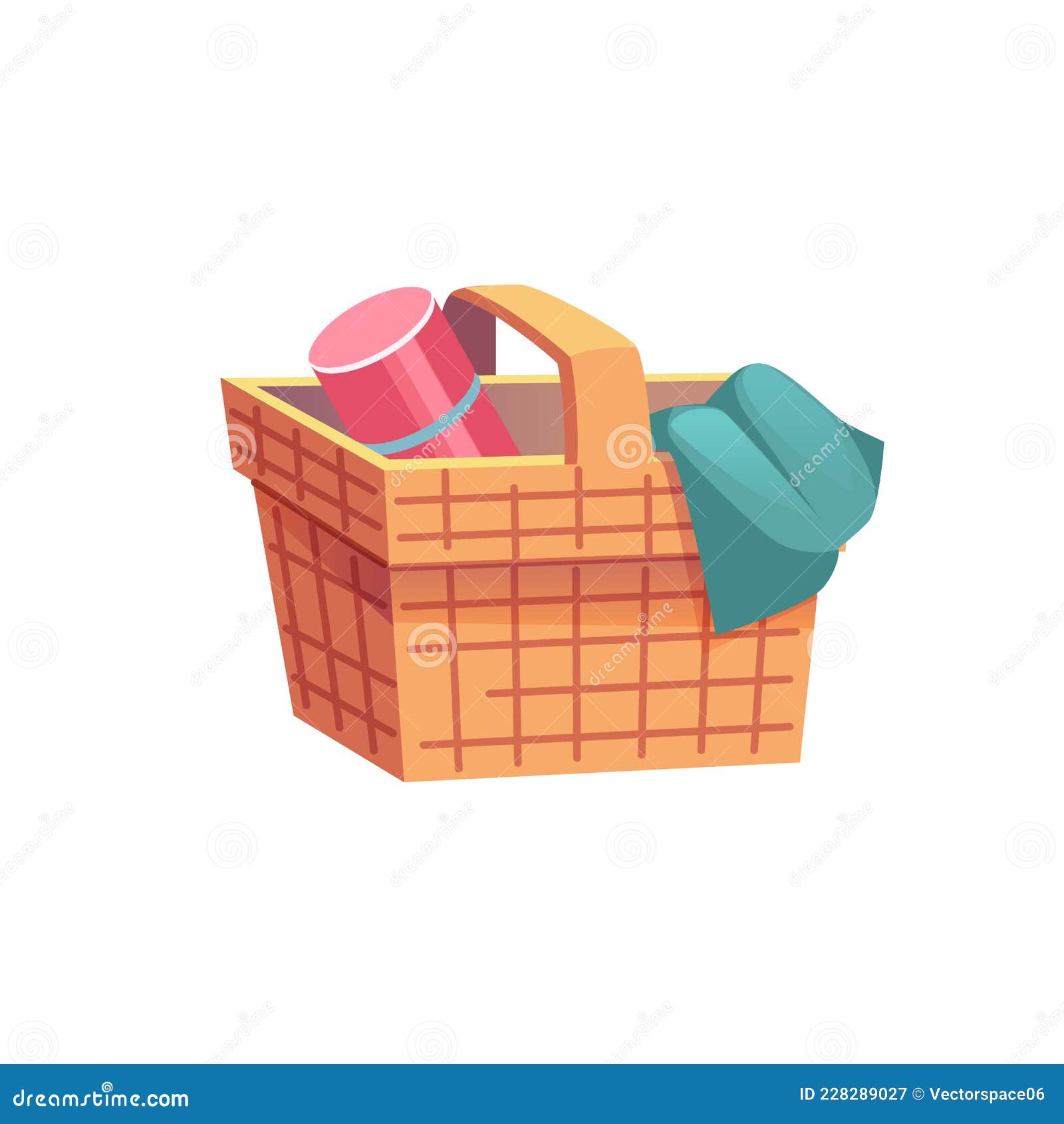 Flat Cartoon Wicker Picnic Basket,summer Time Outdoor Recreation Vector ...