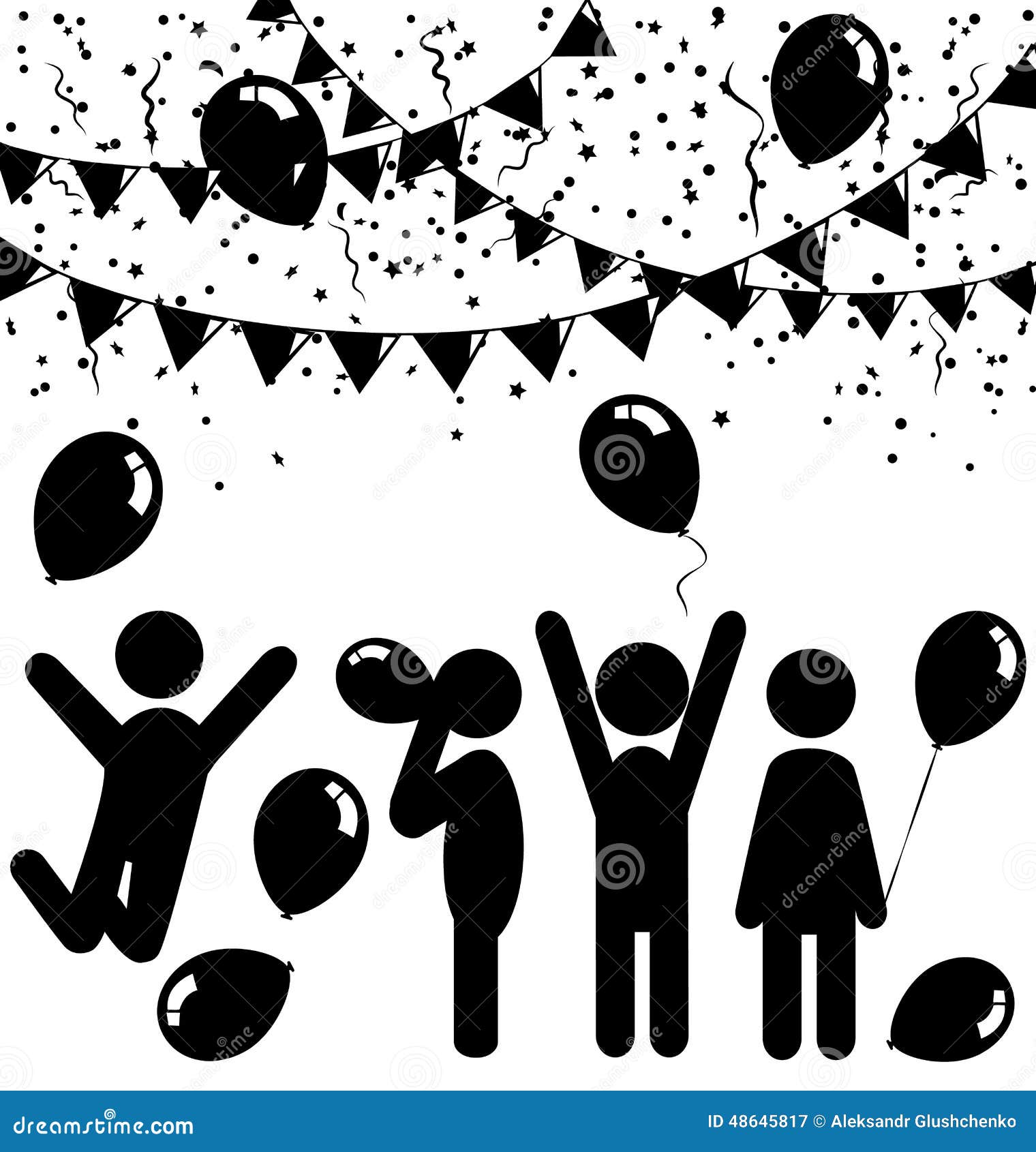 Flat Celebration Icons With Air Balloons, Confetti And Buntings Stock