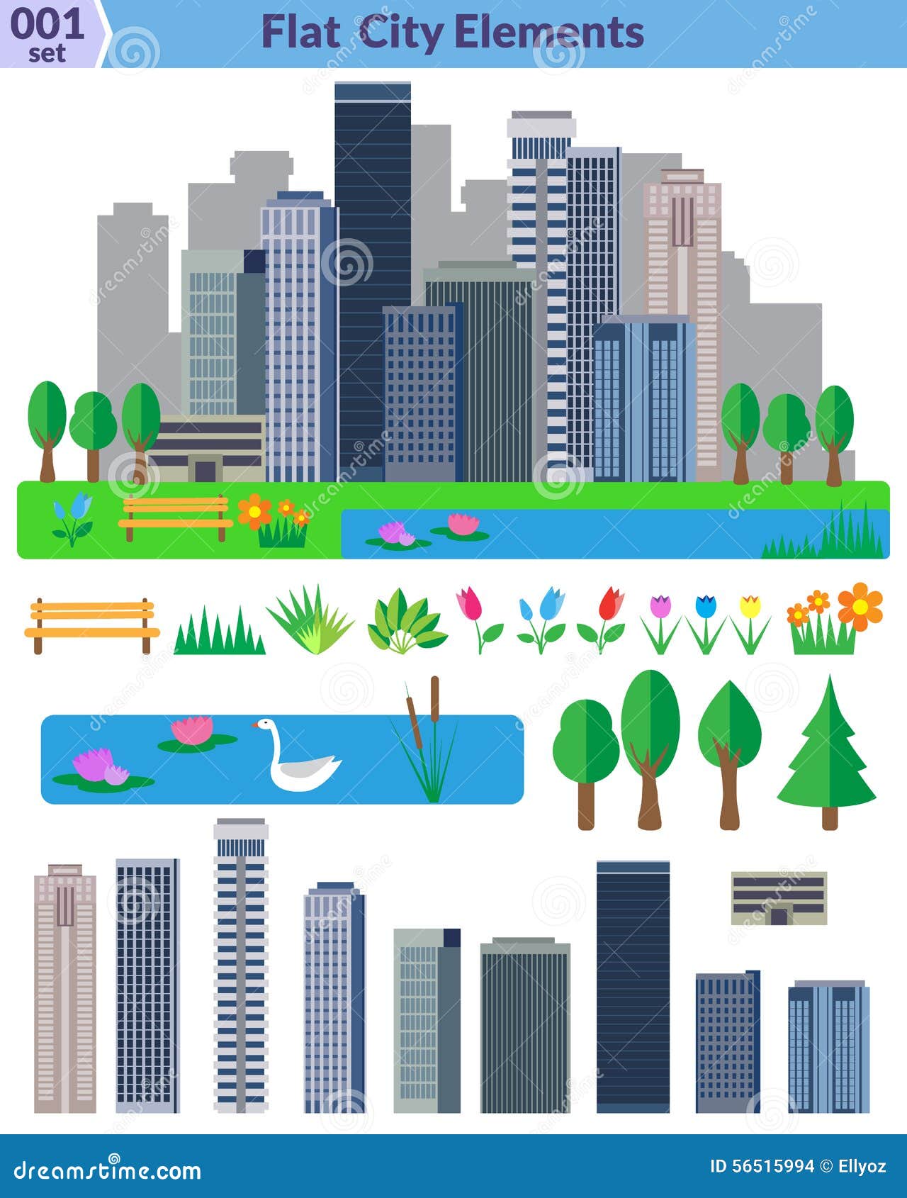 Flat city elements set stock vector. Illustration of duck - 56515994