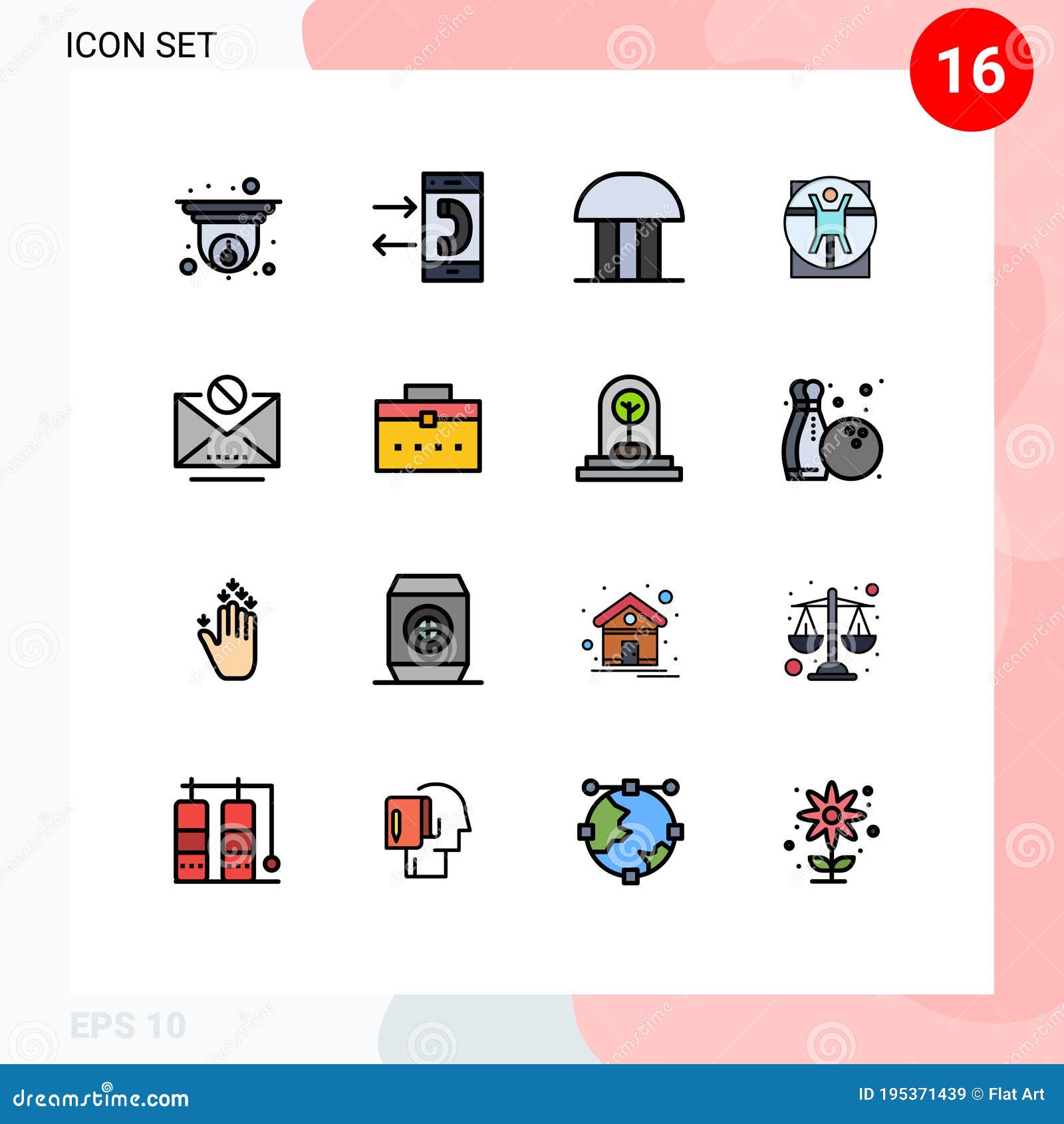 flat color filled line pack of 16 universal s of scane, man, outgoing, virtruvian, court of law