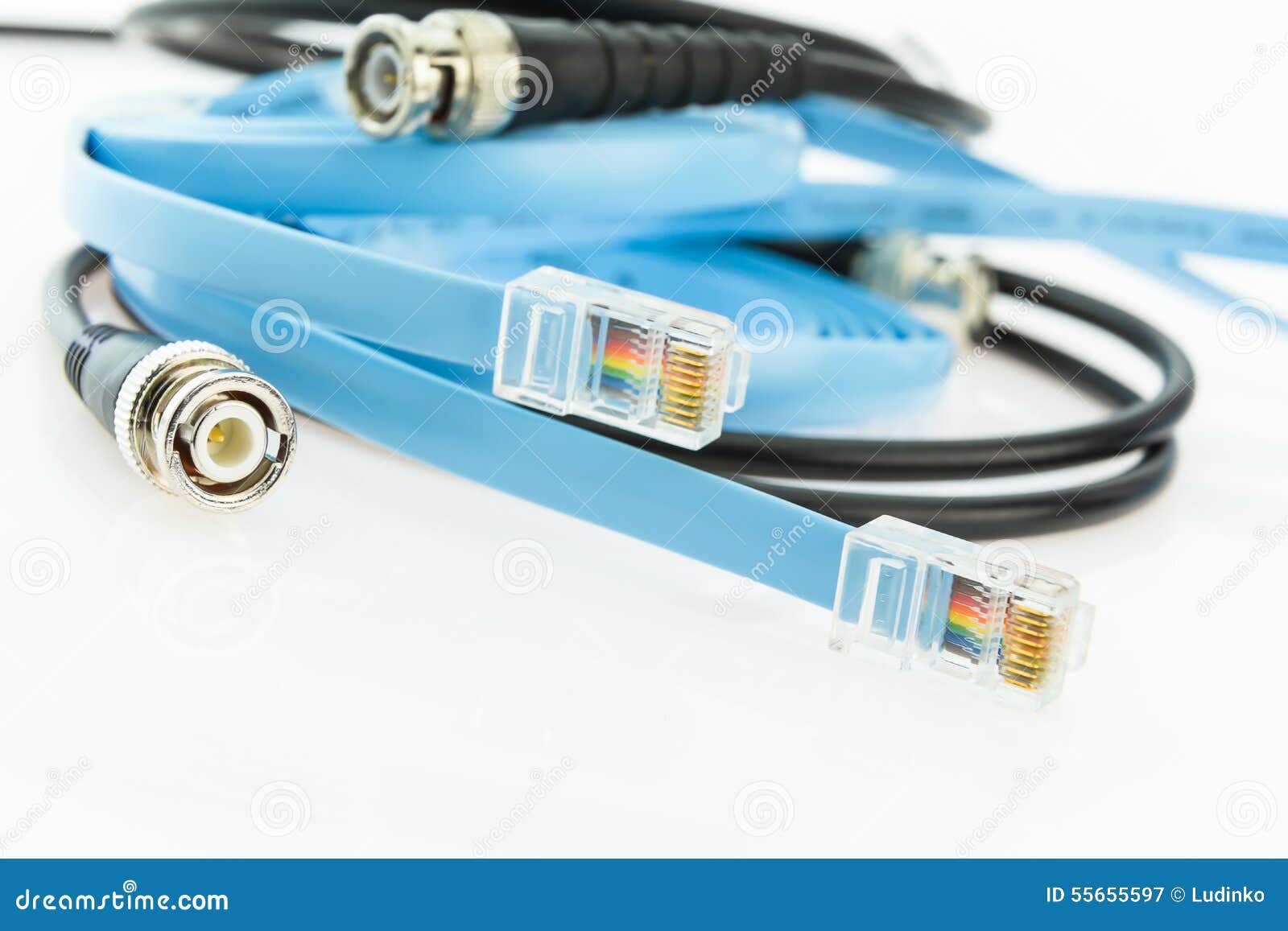 Flat Console Cables RJ45 and Old BNC Coaxial Network Cable Stock Image